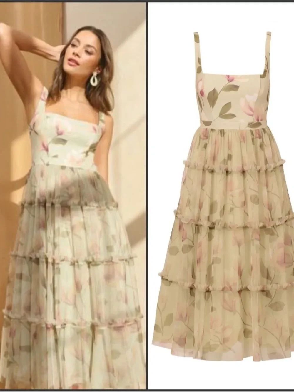 NWT Adrianna Adrianna Papell Green Floral Tiered Midi Dress Size 6